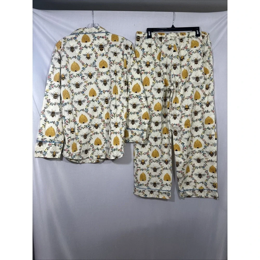 NWT $168 PRINTFRESH [ Small ] 100% Organic Cotton Long PJ Set in Sweet Bee T2205